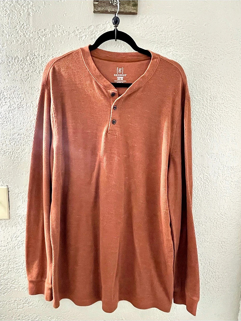 George Men's Long Sleeve Henley Cotton Blend XL Brown